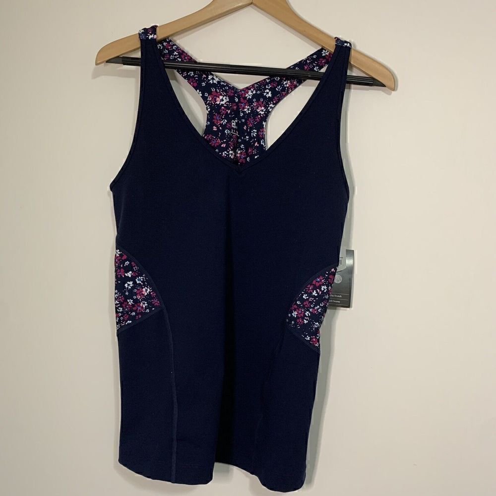 Women's Gap Fit Size L Navy Blue w/ Floral Detail Racerback Athletic Tank Top